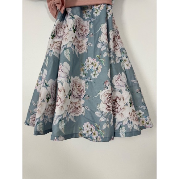 Peppermint Floral Dress Kids Size 6-7Y Blue Pink Vintage Puff Sleeve Bow Sash - Picture 5 of 7